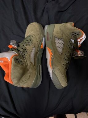 Jordan Kids Olive Green Suede Sneakers with Orange Accents